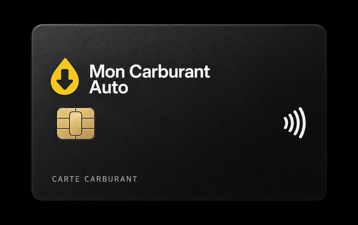 Carte Mon Carburant Auto noire, logo goutte jaune, puce dorée et symbole sans contact