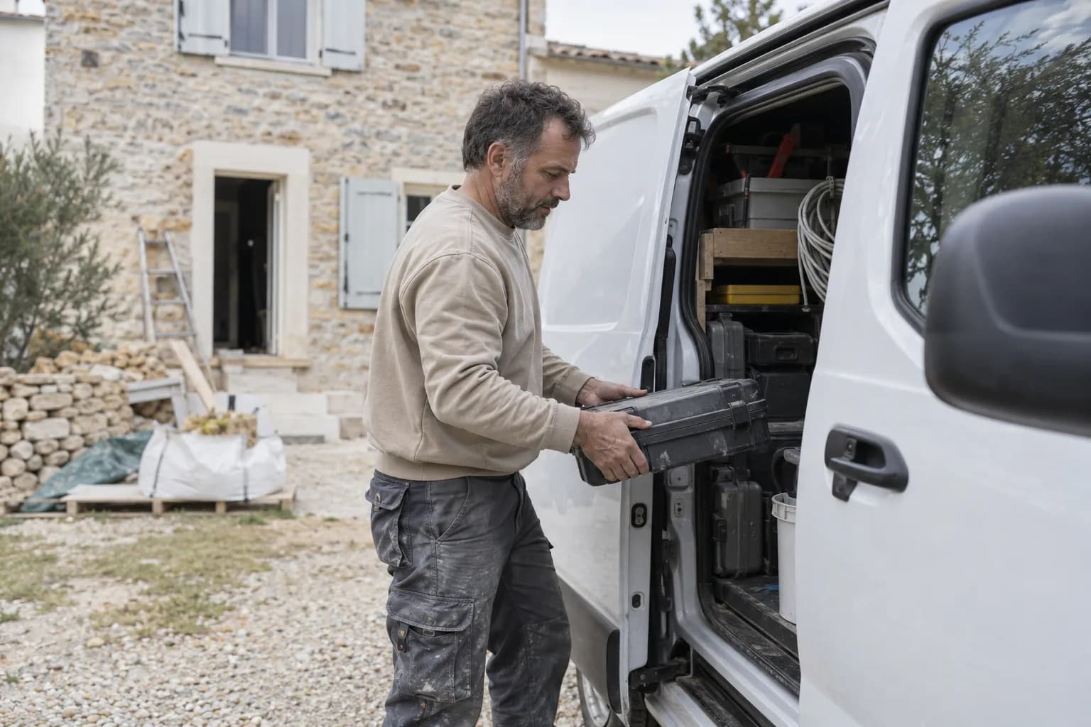 Un artisan range son matériel dans son utilitaire