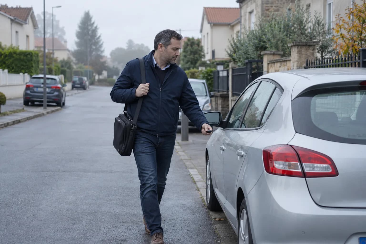 Un conducteur rejoint sa voiture pour un trajet quotidien